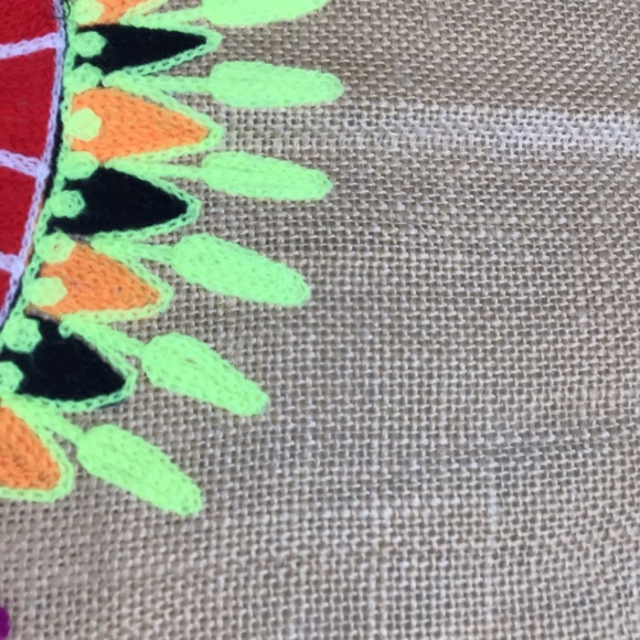 Tropical bright embroidered seahorse pillow covers/burlap with Pom fring-2pc set - Picture 11 of 16